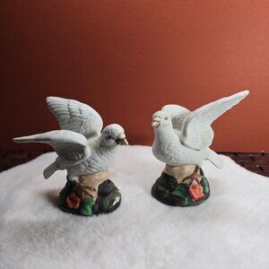 Two White Doves - Vintage Bisque Porcelain 5 1/2" Tall - Very Old